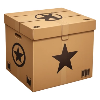 closed box with military symbol, minimalist, no details, brown box sticker