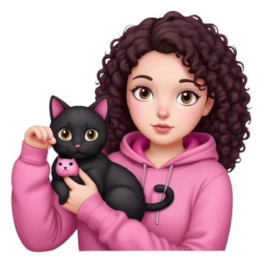 white skin curvy girl with dark brown curly hair in pink hoodie with black cat on her hand sticker
