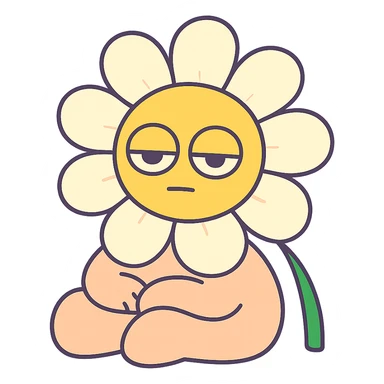 creamy white daisy flower with sleepy half-lidded eyes, sitting down with a blank stare, extremely soft round pastel character, pastel-toon style sticker