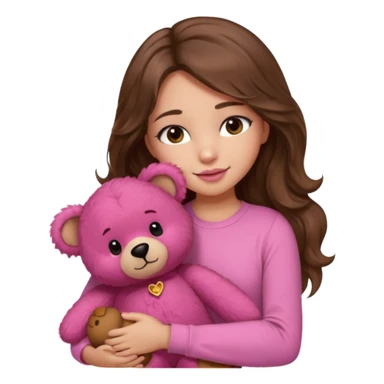 girl with long wavy brown hair, brown eyes, light to medium complexion, in a pink shirt, pink lips, long lashes, hugging a teddy bear sticker