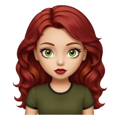 a pretty fair bratz girl with wavy dark red hair, wearing a black tee. eyeliner on, olive green eyes. Waist up sticker