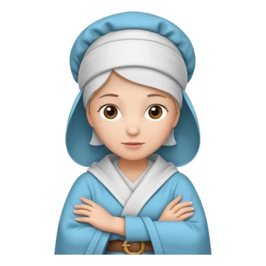 mom with a robe , bonnet, & folded arms holding a belt sticker
