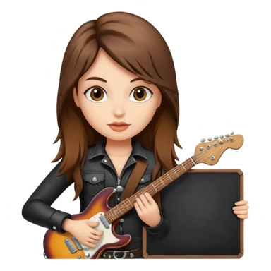 A fair skin rocker chick with long brown hair holding a large blank sign sticker