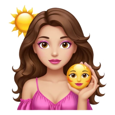 girl with long wavy brown hair, brown eyes, long lashes makeup, sexy pink lips, light to medium complexion, wearing a pink sexy silk top, holding the sun icon  sticker