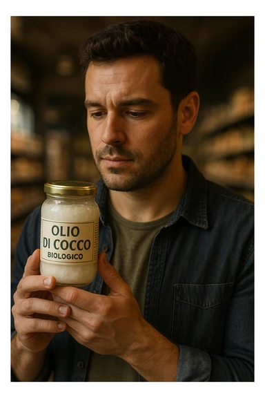 realistic and cinematic style portrait of a man consciously choosing organic coconut oil, face similar to reference photo, holding a jar with label 'Olio di Cocco Biologico', vertical 2:3 aspect ratio, no other text sticker