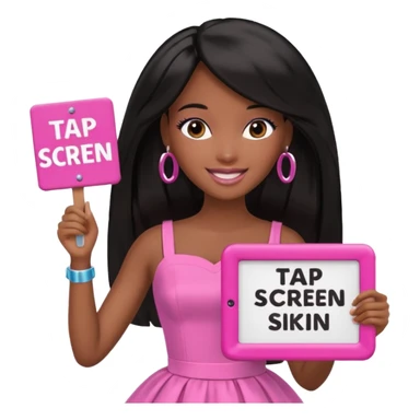 Black barbie, long black  hair, pink dress holding sign, that says "tap screen"  sticker