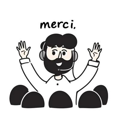 A person with black hair, brown eyes, and a black beard wearing a gaming headset, raising hands saying "merci" to an audience sticker