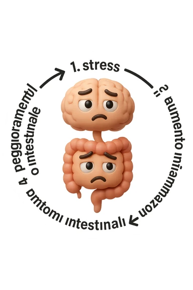 EMOJI STILE IPHONE 3D DI un cerchio con queste scritte che girano intorno in ordine per come li ho scritti "1. stress → 2. peggioramento intestinale → 3. aumento infiammazione → 4. peggioramento sintomi intestinali e sistemici." al centro del cerchio metti un cervello e intestino umani collegati verticalmente con espressione dubbiosa in volto, FALLO MOLTO REALISTICO IN 3D sticker