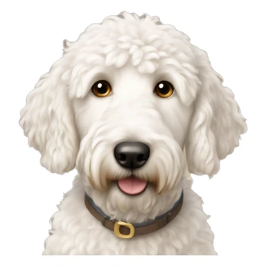 White golden doodle with a brown ear sticker