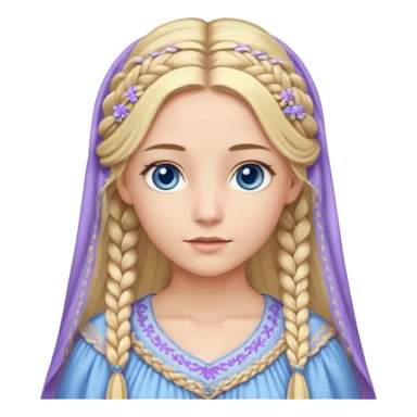 Joven de unos 30 años, de aspecto dulce, elegante.
Piel clara, ojos (pueden ser azules o verdes)
Rubio o castaño largo, con trenzas.
Vestido largo de tonos suaves (blanco, azul o lavanda), con bordados dorados; un manto o toca fina cubriendo la cabeza. Que se vea todo el cuerpo de pies a cabeza sticker