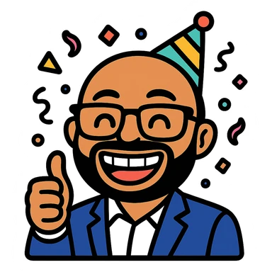 Create a funny celebration emoji version of the person in the photo. Exaggerate the smile and glasses, add party elements like confetti and a party hat, and include a playful hand gesture such as a thumbs up or peace sign. Keep the background transparent. sticker