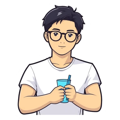 young handsome Asian man with black coffee colored hair, wearing white T-shirt, black framed glasses, holding glasses, very smart, cartoonish sticker style sticker