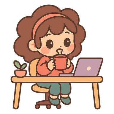 chibi girl sitting at her desk, sipping coffee, cute and cozy, pastel colors, warm atmosphere sticker