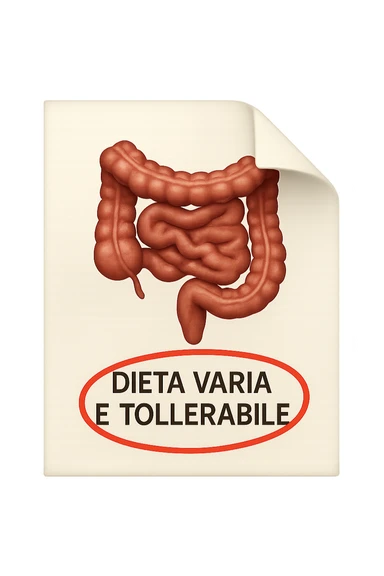 emoji stile iphone di un foglio con un INTESTINO disegnatO sopra e la scritta "DIETA VARIA E TOLLERABILE" CERCHIATA IN ROSSO, iperrealistico 4k, isolato su sfondo bianco sticker