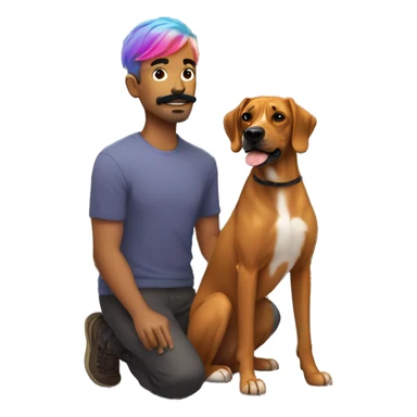 white man with rainbow colored hair and curled mustache standing alongside a brown rhodesian ridgeback dog sticker
