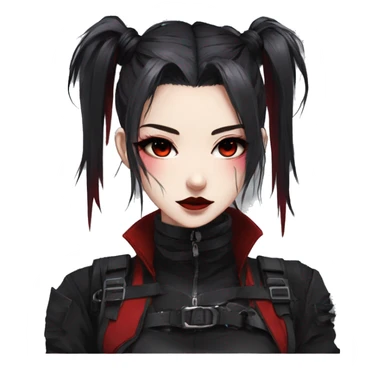 Gorgeous gothic dark techwear anime style lady with blushing face aesthetic and pretty edgy black red punk messy ponytail hair with collar and harness trending style sticker