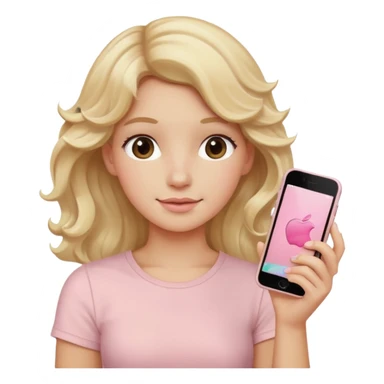 close up of a pastel pink iPhone to the ear, wavy blonde hair, beige top, iOS Apple emoji style sticker