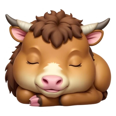 Meme-Worthy Cute Sleeping Domestic Ox Portrait Emoji, Head resting peacefully with a contented smile, showcasing a massive, sturdy build and a luxuriously soft hide, eyes gently closed in serene, restful slumber, Simplified yet hilariously adorable features, highly detailed, glowing with a soft, drowsy natural light, high shine, relaxed and utterly lovable, stylized with an air of playful laziness, soft glowing outline, capturing the essence of a sleeping ox that feels destined to become the next viral sensation of adorable rest! sticker