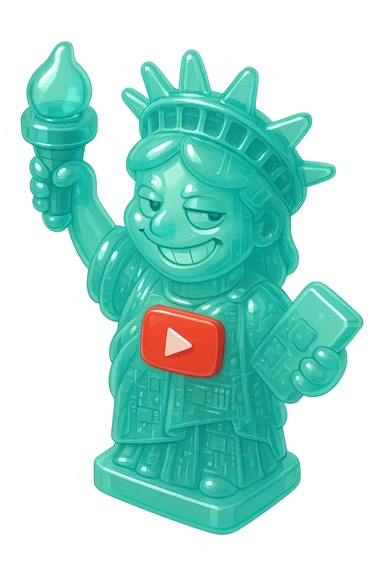 Statue of Liberty with a playful sarcastic grin, red YouTube play button, glossy circuit style sticker