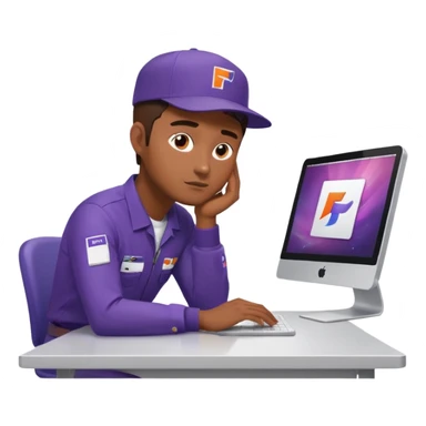 emoji of a man sitting at the table with an imac on it, a man is sitting in a very thoughtful pose, he has his hands on the table and his head resting on themб he look into the screen of imac, he is dressed in FedEx delivery uniform sticker