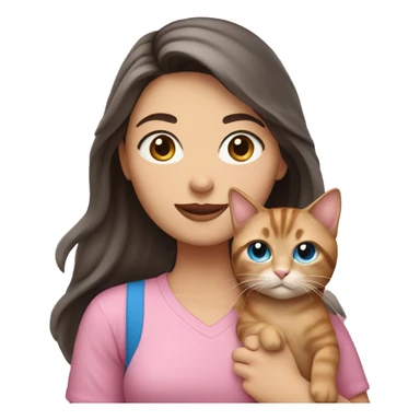 White woman with blue eyes and long dark hair wearing a pink shirt and holding a tabby cat sticker
