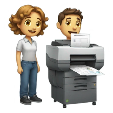 a boy and a girl with a large printer full of copies, both are exhausted sticker