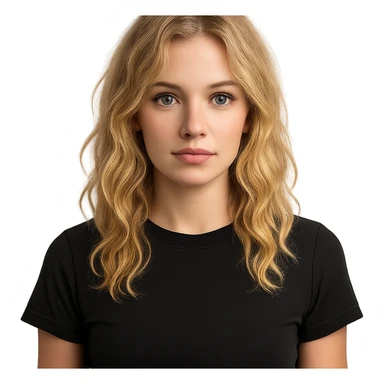upper body portrait of a blonde wavy haired girl with blue eyes, nose ring on left side, wearing a black cropped shirt sticker