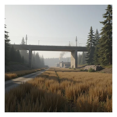  a screenshot of a location in a videogame  the image of the scene consists of: a tall above-ground freeway with a collapsed section in the distance, a wooded area, a small field of wheat, a tall workshop in the distance, and 2-foot tall sandbag wall-fortifications. distant smoke sticker