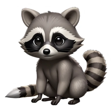 Cinematic-cute Raccoon-Realistic-hunched Full-Body on all fours-Emoji – Tail flicking lazily, head tilted dramatically, thick grey fur with a signature black mask, sharp and alert ears, simplified yet realistic focused features, highly detailed, glowing with an almost sarcastic glow. big black eyes sticker