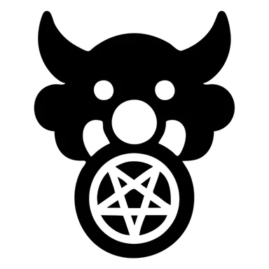 bold, simple black-filled icon symbol combining devil horns, clown nose, and pentagram, representing a group of devilish clown characters sticker