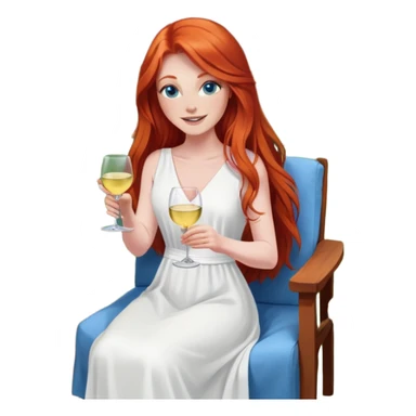 Happy redhead with long hair and blue eyes holding white wine sitting in chair beside fire pit in backyard sticker