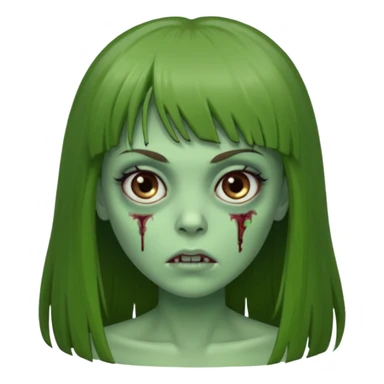 Zumbi feminino, de pele verde, cabelo longo liso e castanho com franja. rosto oval e cilios grandes sticker