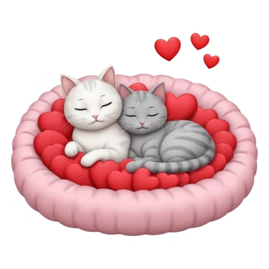 White cat and gray cat sleeping together in a bed full of hearts sticker