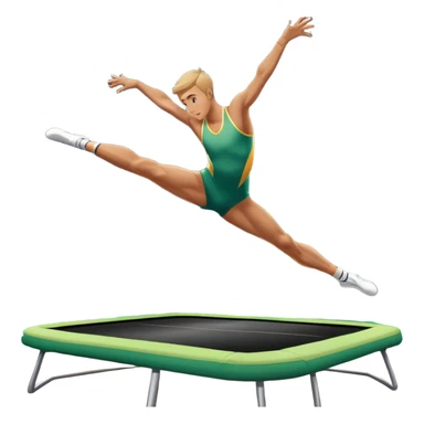 An athletic person soaring high above a trampoline, executing an acrobatic flip with perfect form. The scene captures motion and energy, with a dynamic pose, stretched limbs, and a focused expression. The background suggests a professional trampoline arena with safety padding. sticker