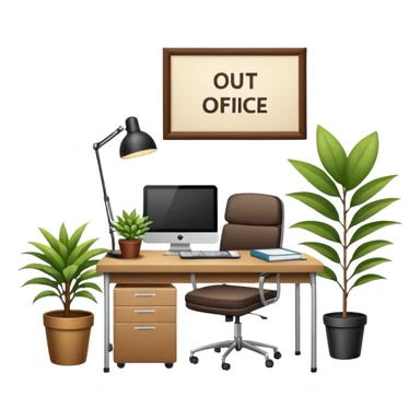 imagen de oficina con escritorio, silla, notebook, agenda y una plata con un cartel que diga FUERA DE OFICINA sticker