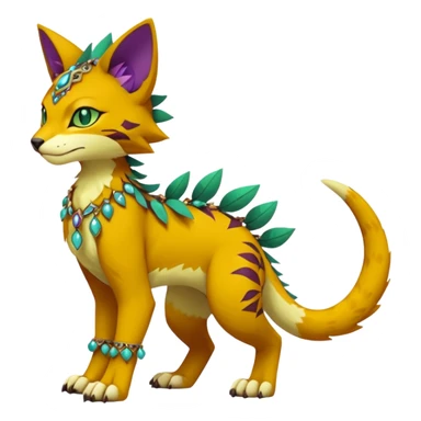 Kawaii cute reddish orangish yellowish greenish purplish exotic tribal beautiful pretty elegant divine edgy feline-vernid-sergal-Fakémon-Pokémon-Digimon-fursona-animal-creature with accessories, jewelries, full body, with intricate detailed markings sticker