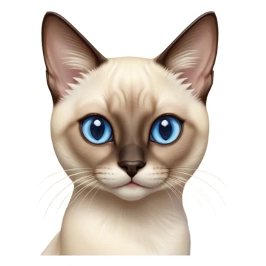 Cinematic Cute Siamese Cat Portrait Emoji, Head tilted playfully and inquisitively, sleek cream-colored fur with rich, contrasting dark points on the ears, face, paws, and tail, striking sapphire-blue eyes, Simplified yet irresistibly adorable features, highly detailed, glowing with a warm, friendly glow, high shine, affectionate and curious, stylized with a touch of whimsy, bright and endearing, soft glowing outline, capturing the essence of a mischievous yet loving kitten, so playful it feels like it could pounce out of the screen and into your arms! sticker