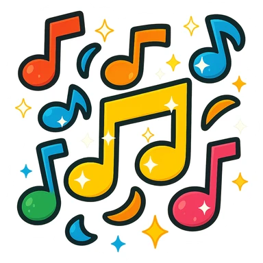 Add sparkling effects to the colorful music notes, keep the vibrant toon style, bold and lively. sticker