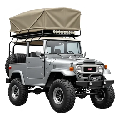 Well-equipped Off road Racing fj40 car whose frame and detailed suspension is made of shopping cart material with padded roll cage, huge roof rack, winch, and antique style handmade bodywork (survivalist style) sticker