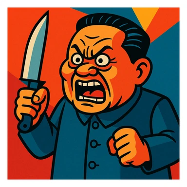 Deng Xiaoping as a cartoon villain, exaggerated angry expression, holding a knife, vibrant toon style sticker