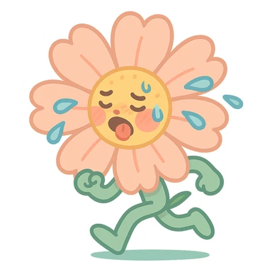 soft peach cosmos flower with a flushed, panting face doing exercise, sweat flying off in exaggerated style, gentle pastel palette, vibrant-toon style sticker