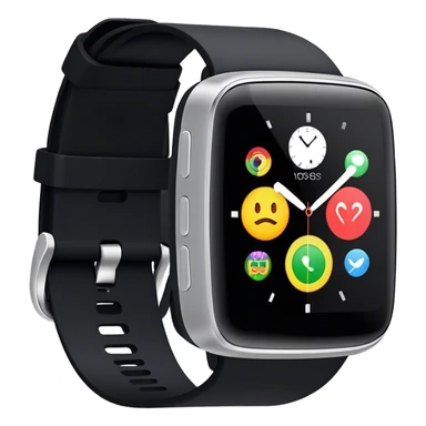 A modern smartwatch, black with a completely blank, turned-off screen sticker