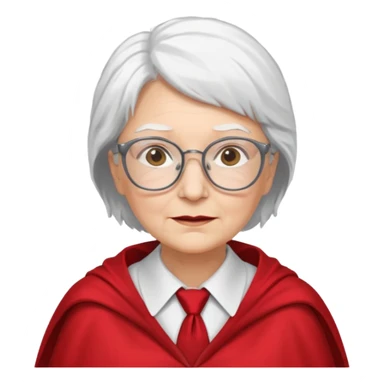 An older woman with glasses and white hair, in a red tie and cape sticker