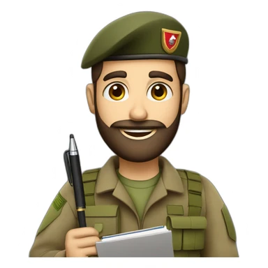 brown bearded IDF soldier happy holding notebook and pen sticker