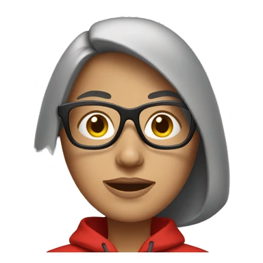woman in a red hoodie that covers most of her face, wearing glasses sticker