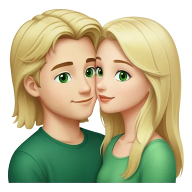 Smiling kissing couple of blonde girl with long hair green eyes. And a boy with black short hair and green eyes sticker