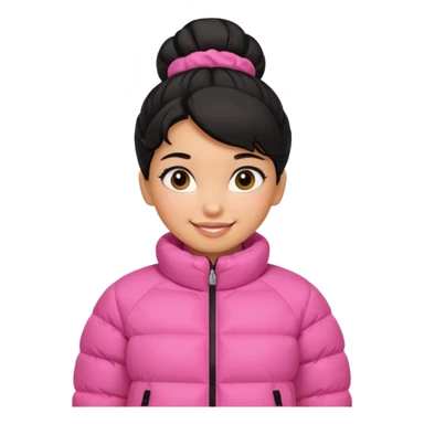 A caramel skinned girl that’s has puffy black hair with her hair up skinny and wears a pink puffer coat sticker