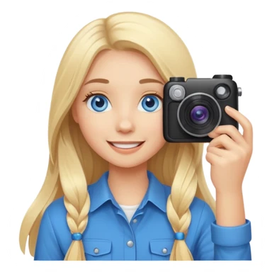  blue eyes blonde girl photographer cartoon taking picture in middle of taking picture camera in front of face long hair smiling funny flash professiona sticker