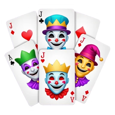 bunch of 3 poker cards, with crazy colorful human jolly jokers inside, inversed face sticker