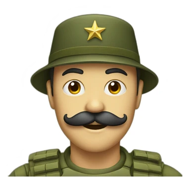 Person wearing army hat and has a moustache sticker